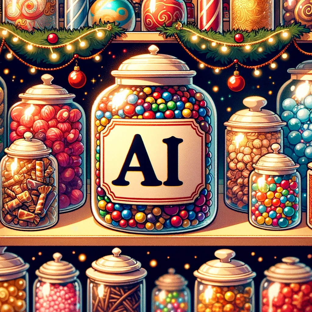 DALL·E 2023-11-27 14.21.19 - A cartoon-style image of a candy store shelf with an array of sweet treats. The central jar should stand out, with a label clearly spelling out AI i