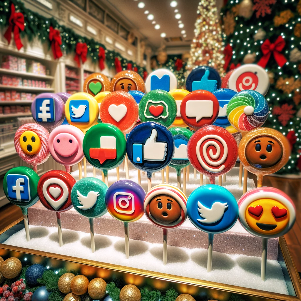 DALL·E 2023-11-27 14.35.27 - A cartoon-style image inside a candy store, focusing on a display of lollipops that are themed around social media. The lollipops are designed to rese