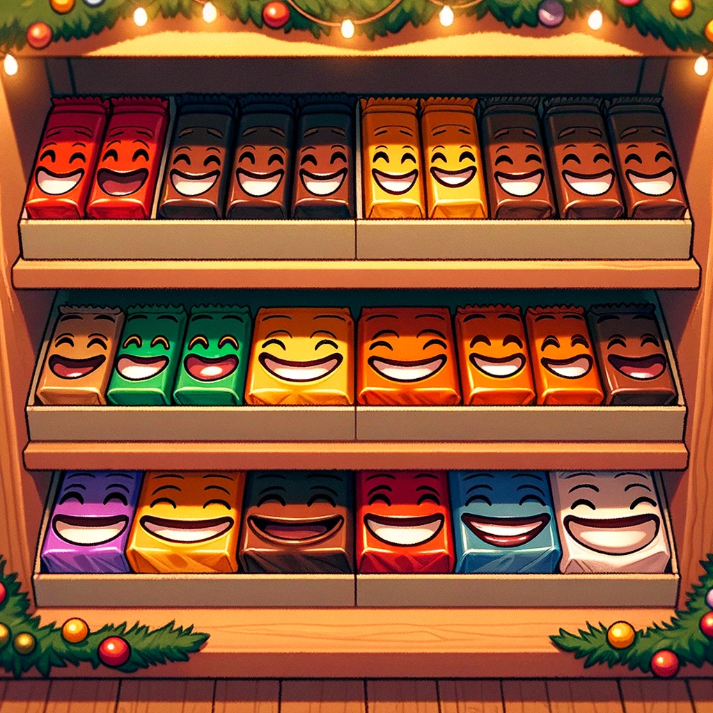 DALL·E 2023-11-27 14.46.55 - A cartoon-style image showcasing a candy store shelf with chocolate bars, similar to the first image created, but with each wrapper featuring a simple