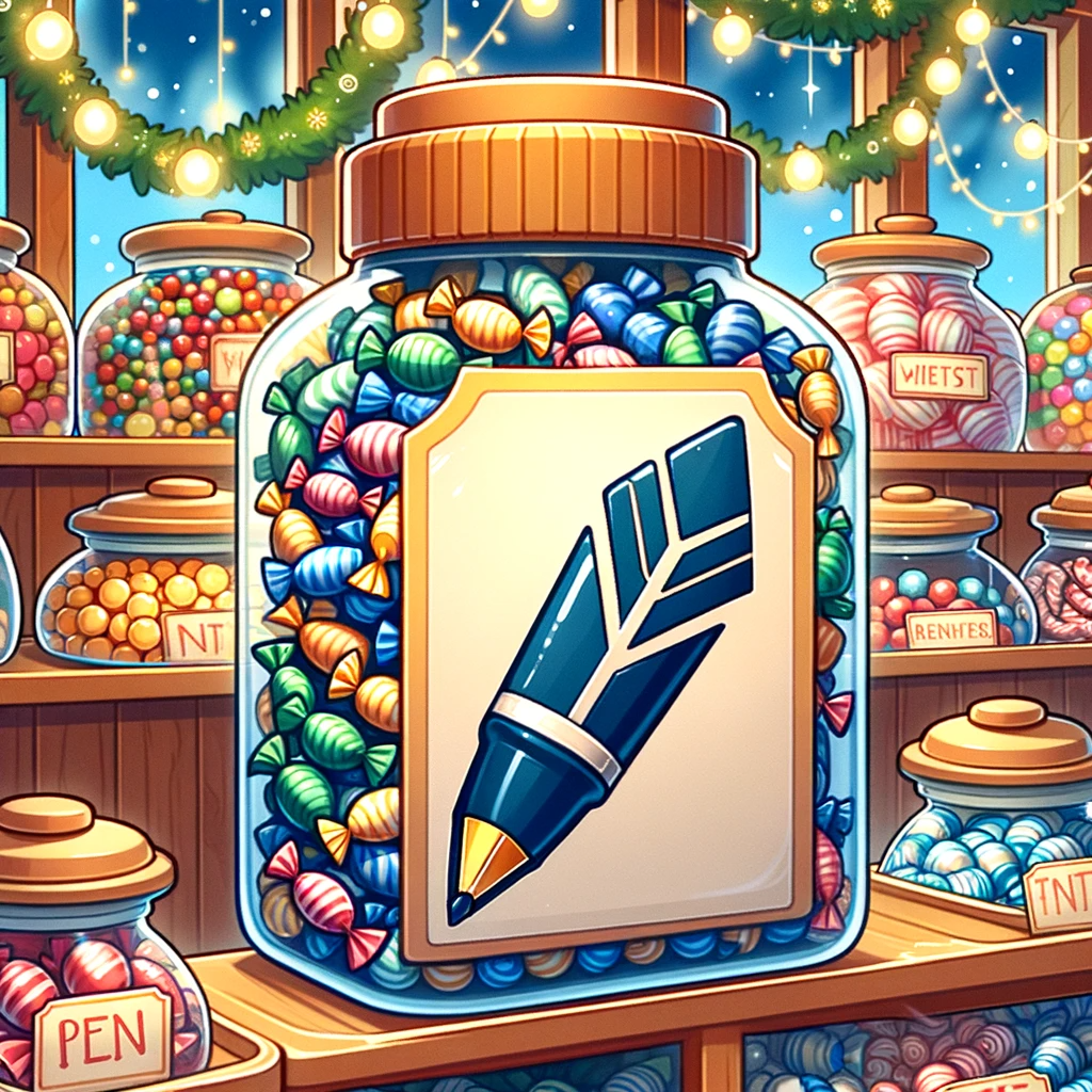 DALL·E 2023-11-27 14.51.39 - A cartoon-style image showing a candy store shelf with various jars, including one prominently displaying a jar of wrapped candies with a pen symbol, 