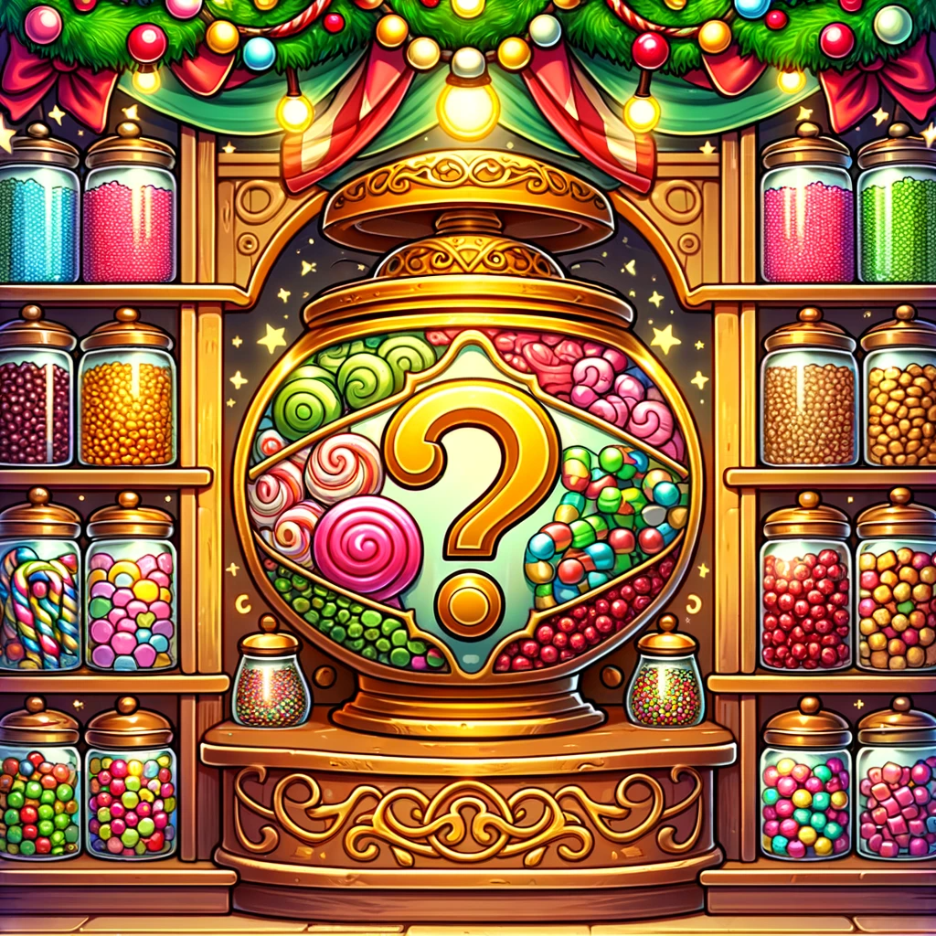 DALL·E 2023-11-27 17.01.00 - A cartoon-style image depicting a candy store with various candy jars on the shelves. In the middle of the display is a special mystery jar, which s
