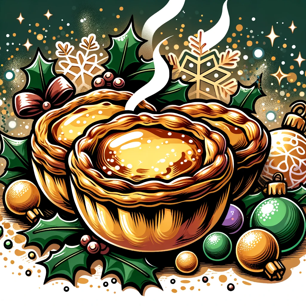 DALL·E 2023-11-23 10.47.42 - Cartoon-style image of pasteis de nata pastries with a lighter crust, adding some Christmas elements and sparkle. The pastries should appear golden-br