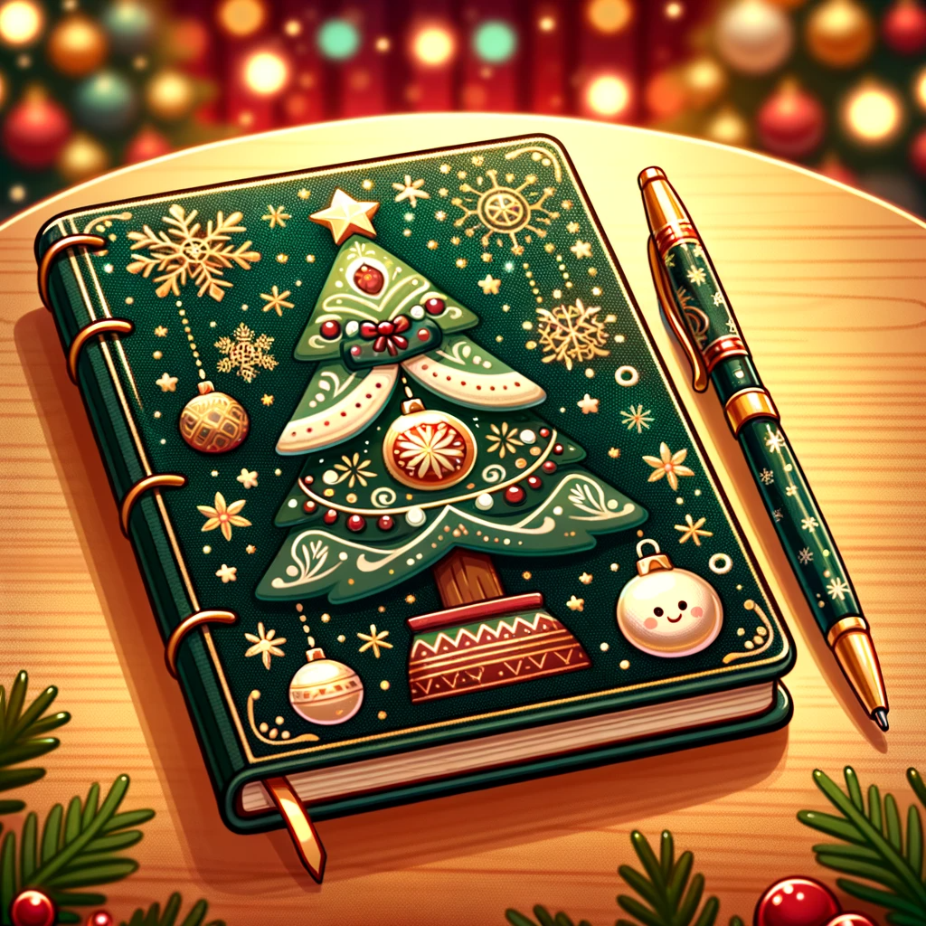 DALL·E 2023-11-23 10.52.25 - Cartoon-style image of a Christmas-themed notebook and a pen on a table, with the pen lying beside the notebook. The notebook should display holiday m