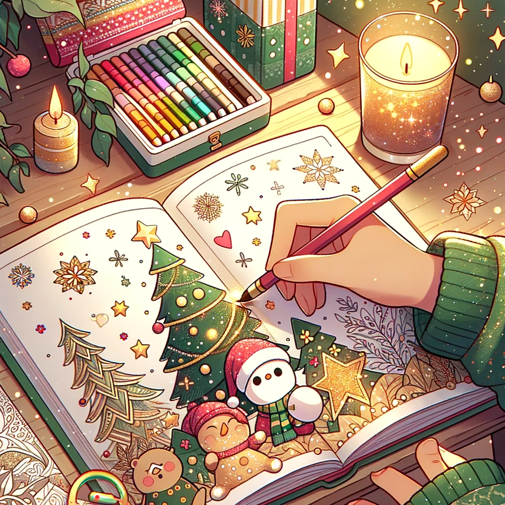 DALL·E 2023-11-23 11.00.05 - Cartoon-style image of coloring Christmas-themed coloring pages, with a softer and more glittering appearance, using warm Christmas colors like dark g